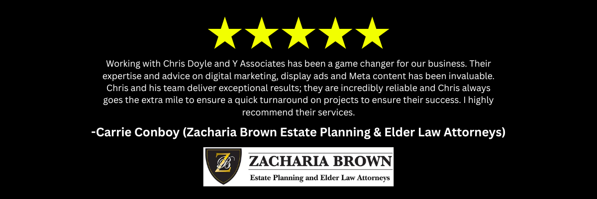 A black background with five stars and a logo for zacharia brown 's estate planning and elder law attorneys.