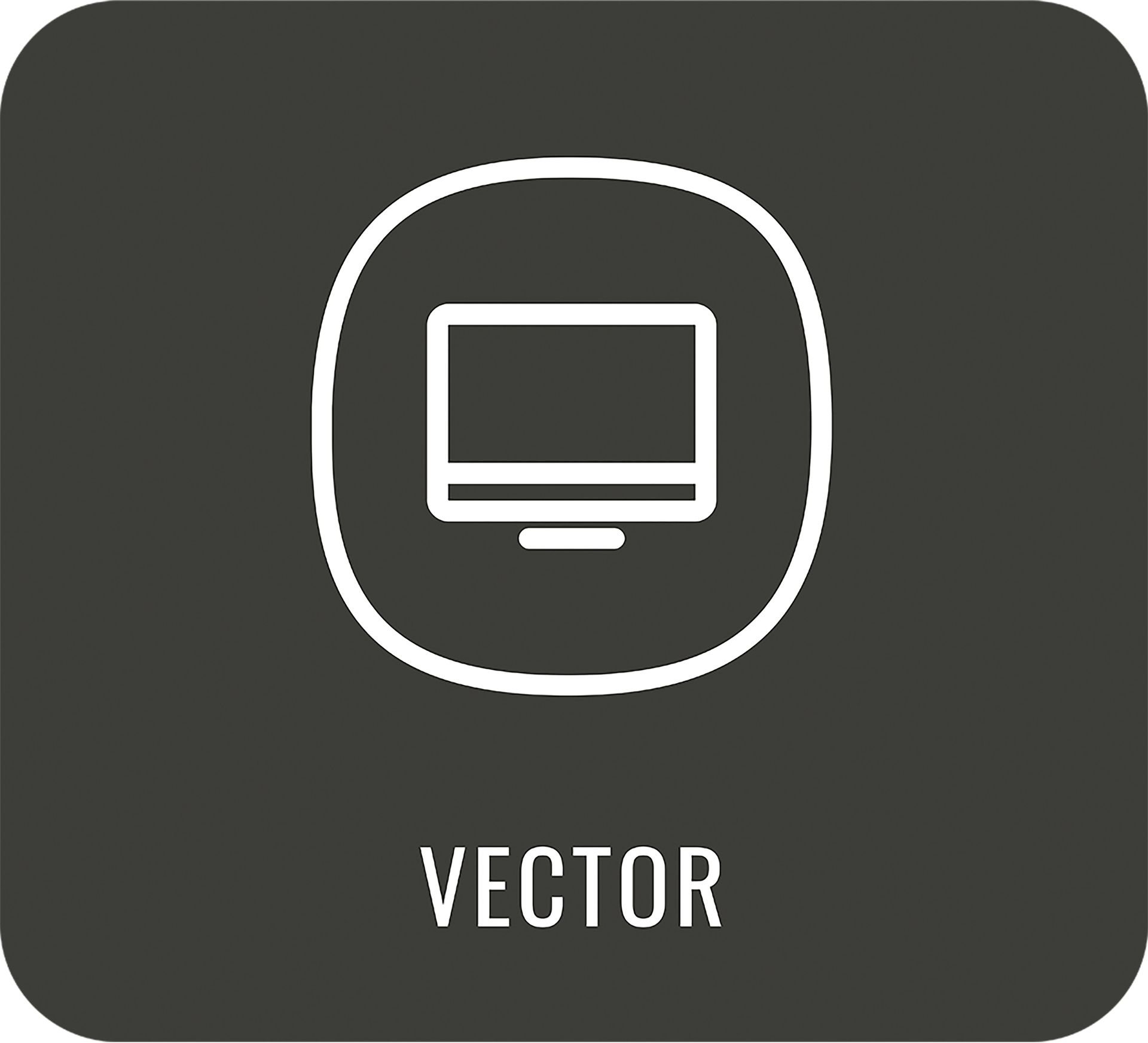White monitor icon in rounded square above the word VECTOR on a dark background