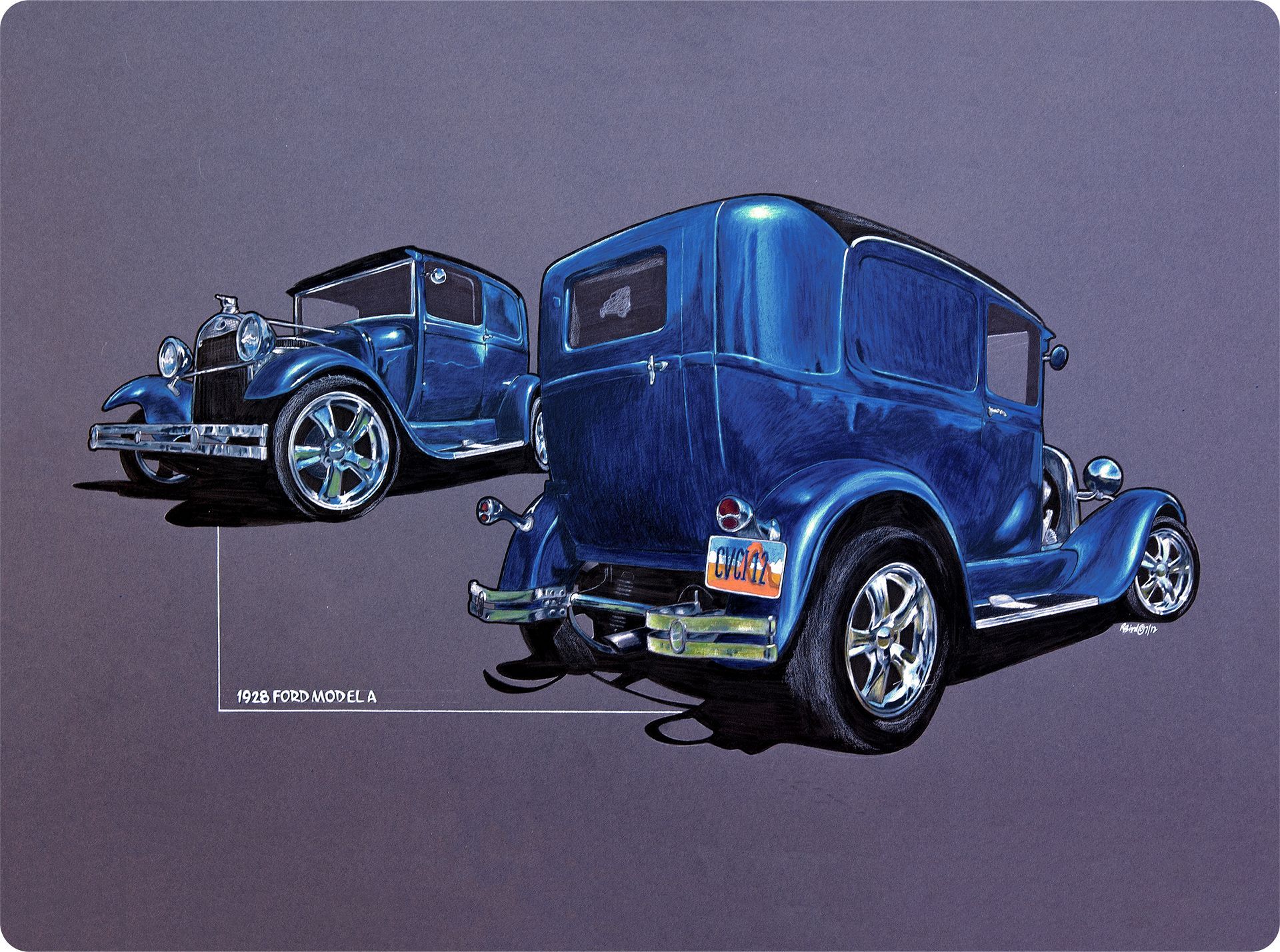 Two vintage blue cars on a plain purple background, one shown front and one rear view Two vintage blue cars on a plain purple background, one shown front and one rear view