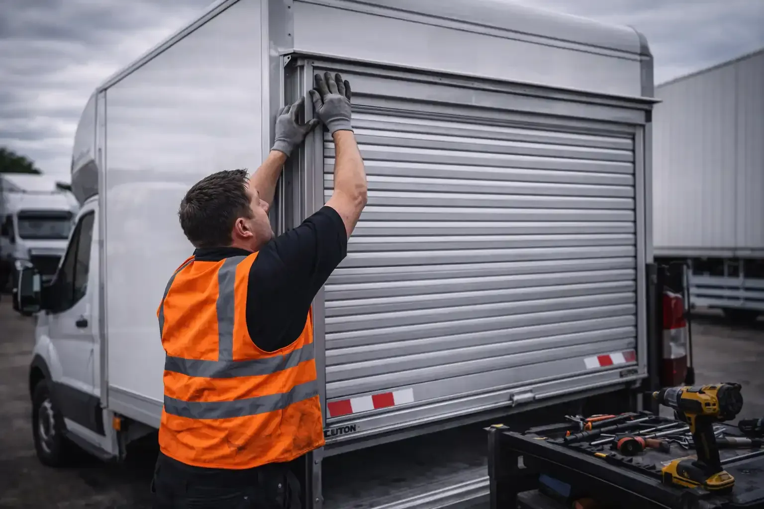 A technician in an orange high-visibility vest installs or repairs the rolling metal door on the back of a box truck.