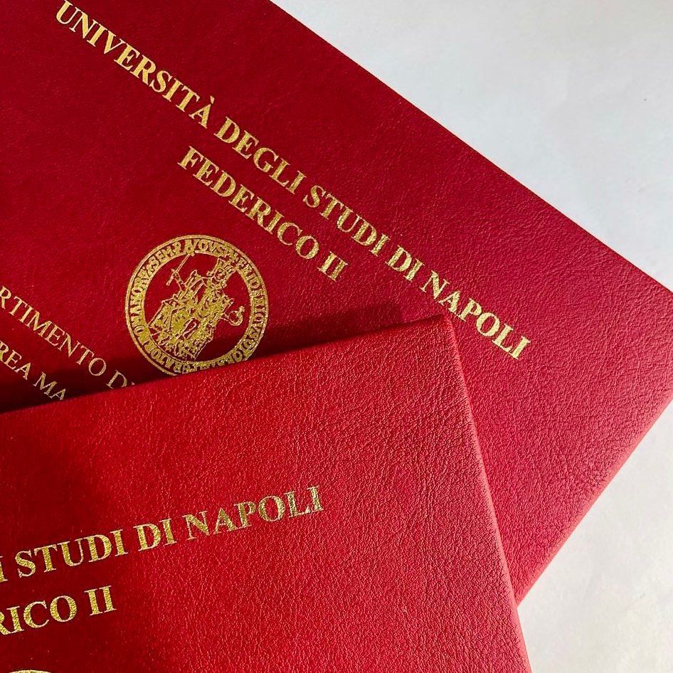 Two red university diplomas, gold text: 