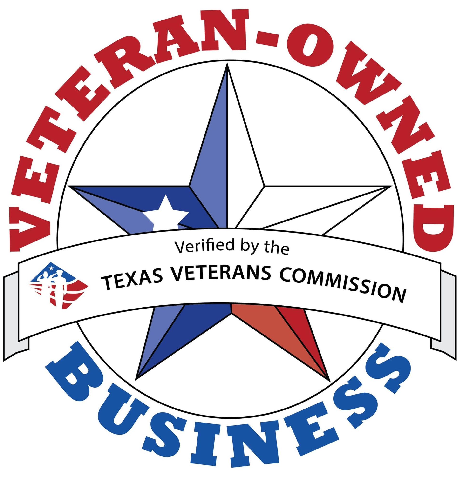 Veteran-owned business logo with Texas star and “Verified by the Texas Veterans Commission” banner