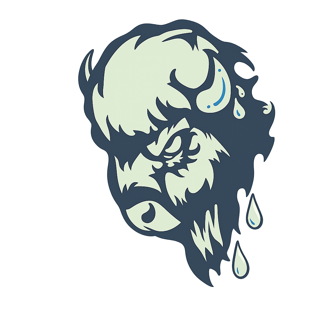 Stylized melting bull illustration in pale green and dark blue with dripping liquid