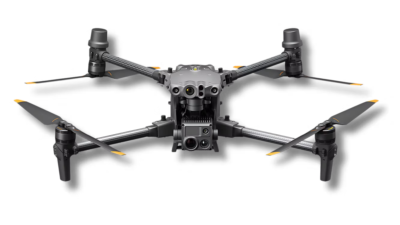 Black drone with four propellers, cameras, and landing gear, likely for aerial photography or surveillance.