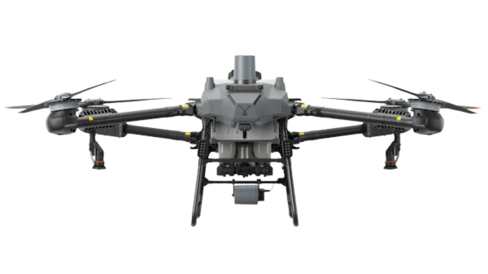 Gray drone with four rotors, mounted camera, and landing gear.