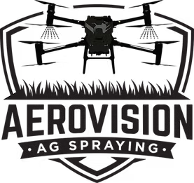 Black and white logo: Drone spraying over grass, with the text