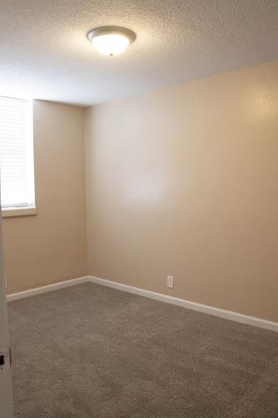 Empty beige bedroom with gray carpet, white trim, a window, and a ceiling light.