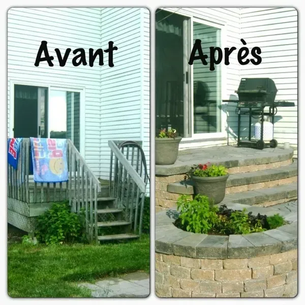 Une photo avant et après d'un porche avec les mots avant et après