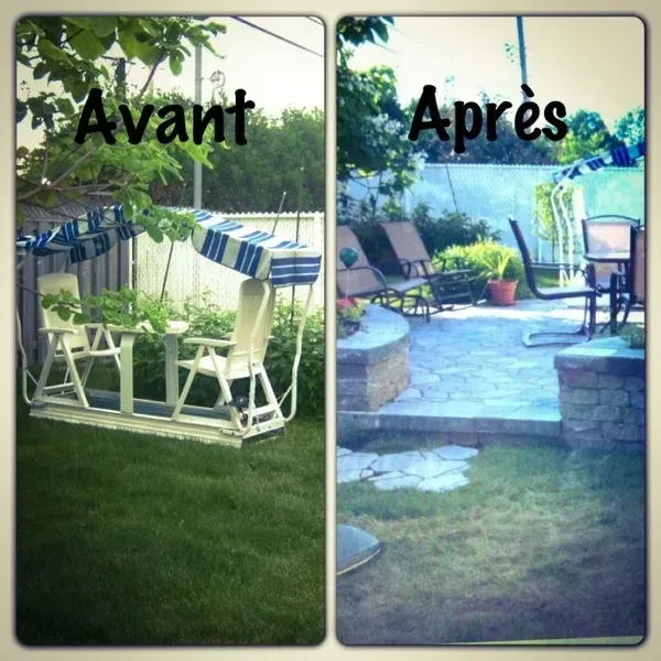 Une photo avant et après d'une balançoire et d'une terrasse