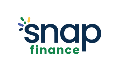 Logo for Snap Finance, dark blue text with a colorful design element.