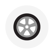 Car tire in a grey rim with a black outer tire, centered on a light grey circle.