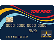Tire Pros credit card with a dark blue background, gold chip, and colorful wave design.