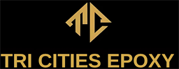 Logo for Tri Cities Epoxy featuring a golden, geometric design above gold text on a black background.