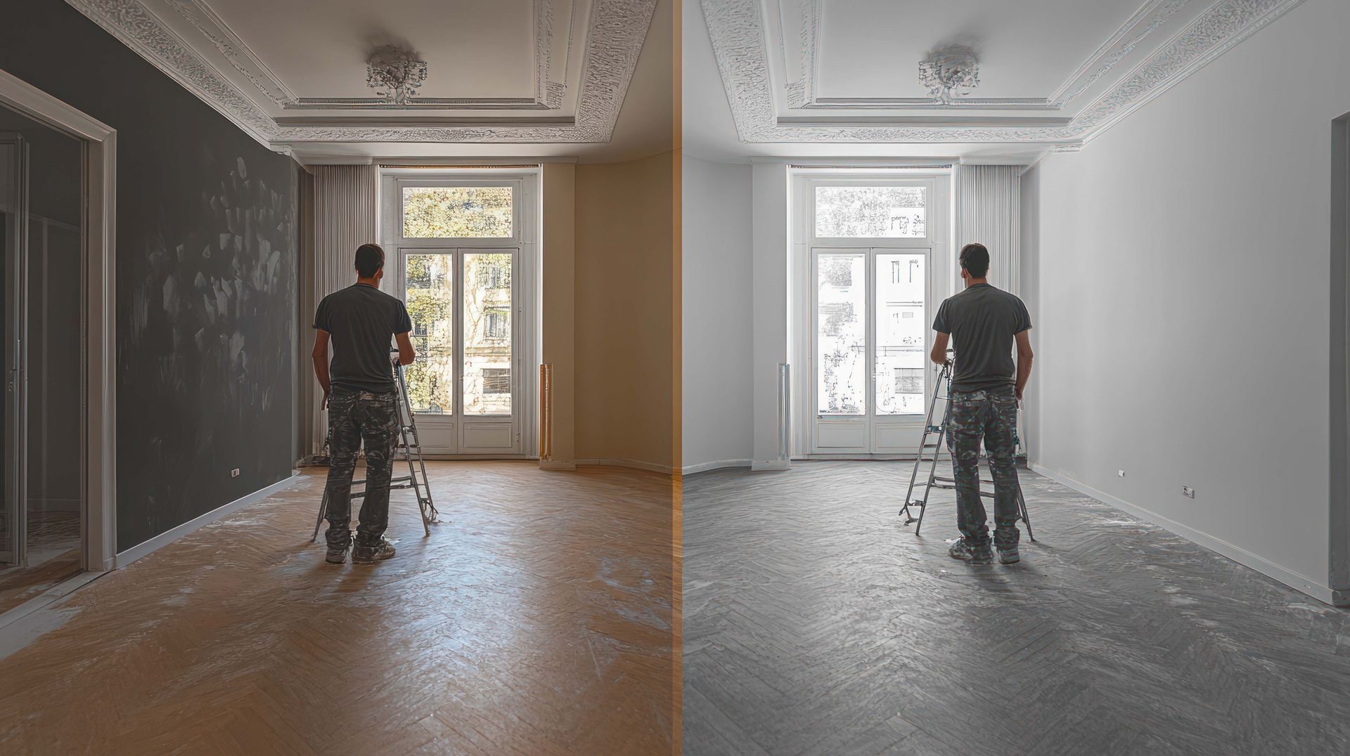 A person standing in a room with a half-painted wall, one side dark grey, the other white, with a window in the background.