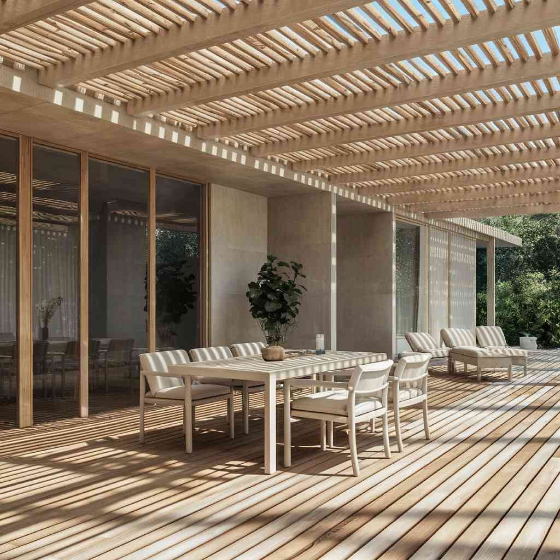 A wooden deck with a table and chairs under a pergola.