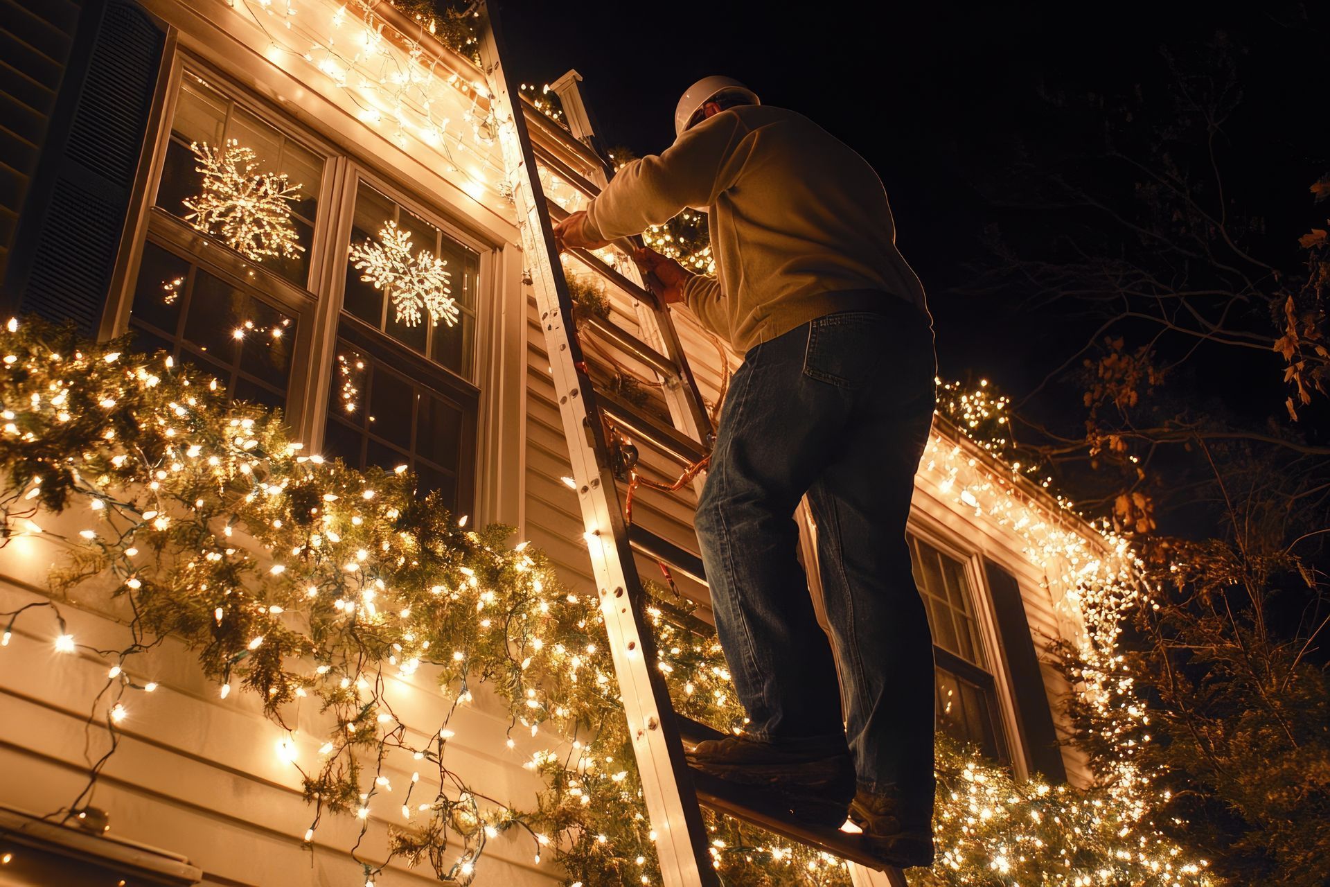 Man on a ladder, hanging Christmas lights on a house at night. The house is decorated with many twinkling lights.
