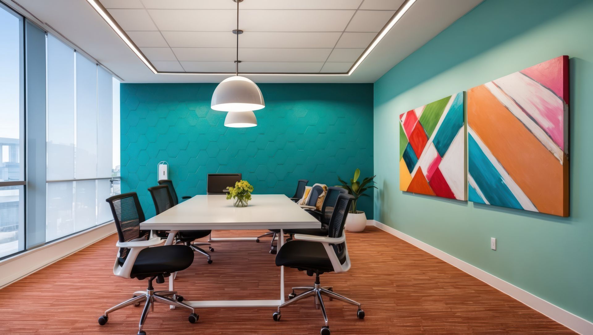 A modern office meeting room with a long table, chairs, and abstract art on a teal wall. Windows on the left provide natural light.