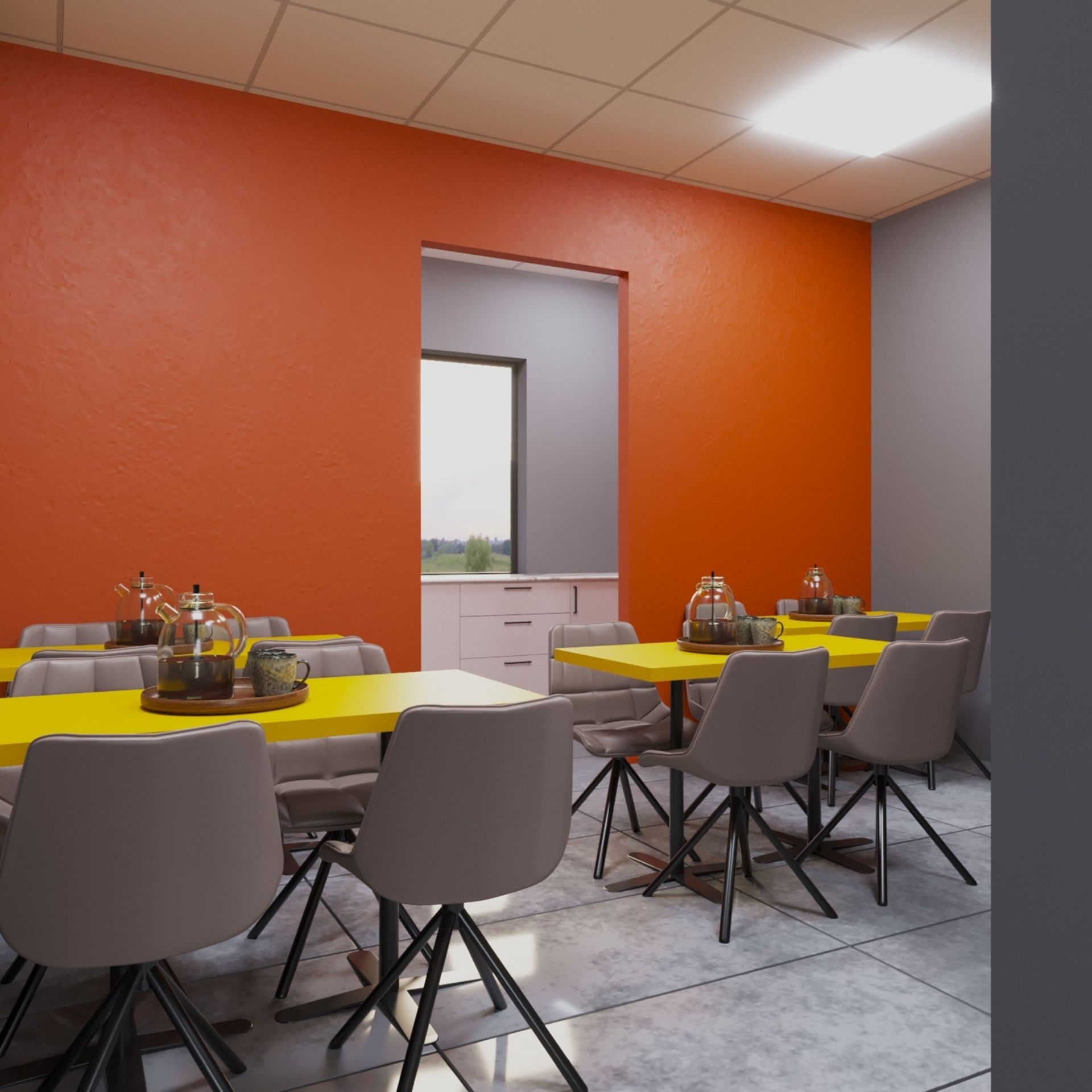 A room with tables and chairs and orange walls