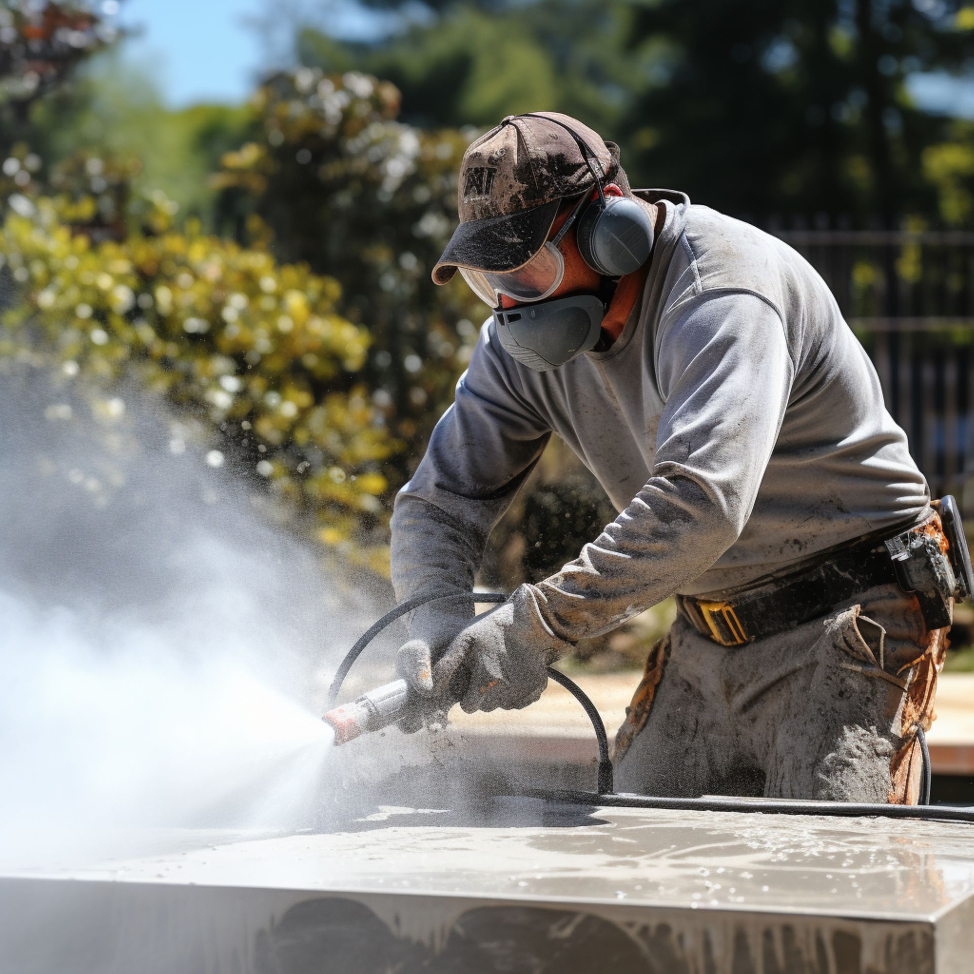 A man wearing a mask is spraying water on a concrete surface.