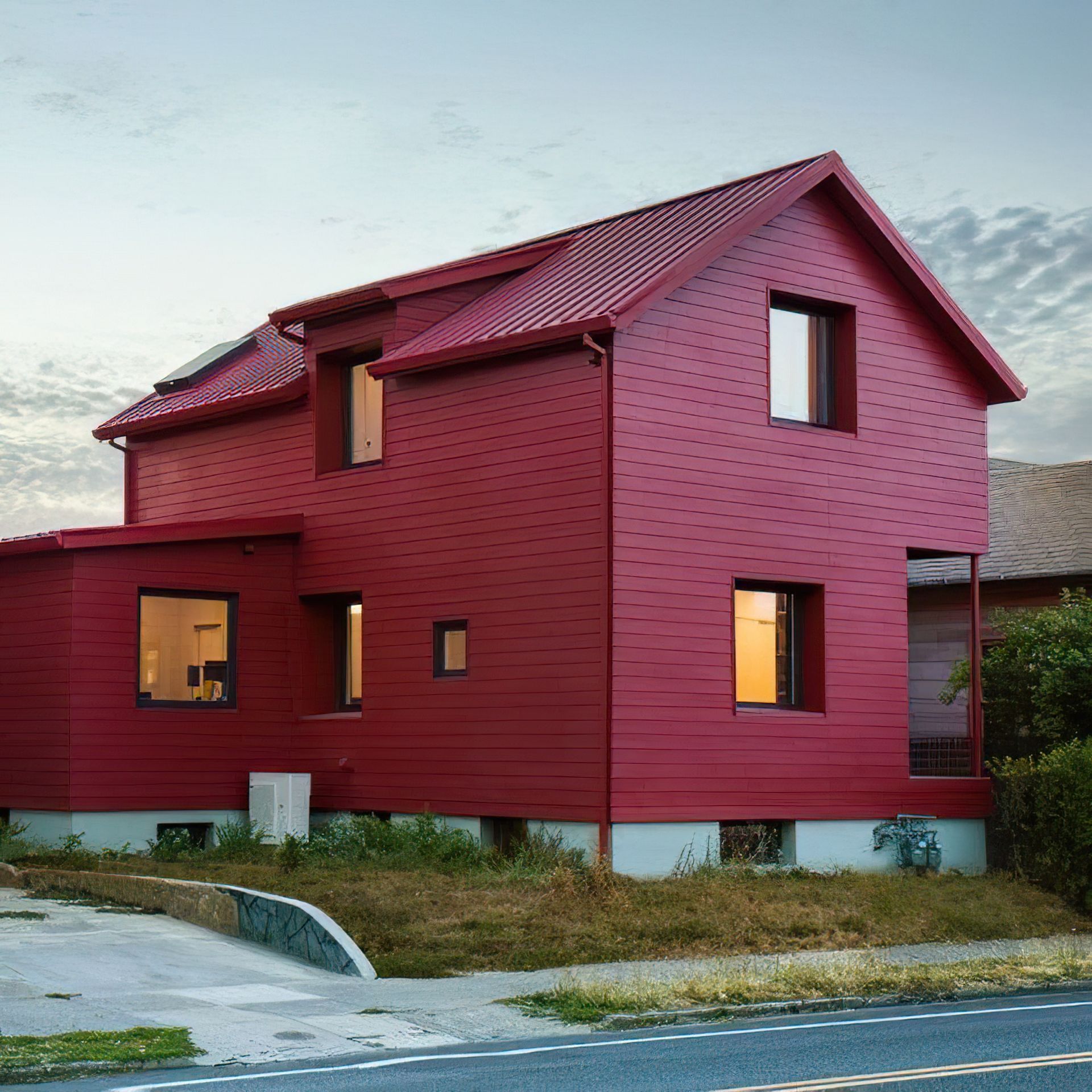 A red house with a red roof and a lot of windows