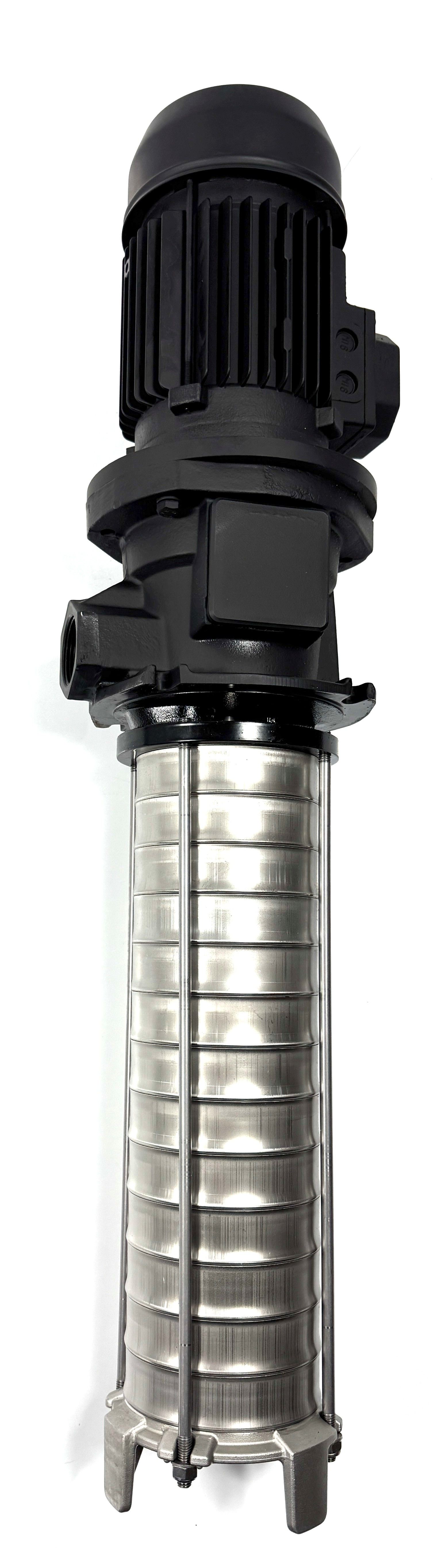 Industrielle Wasserpumpe, Edelstahl mit schwarzem Motor und Komponenten. Vertikale Ausrichtung.