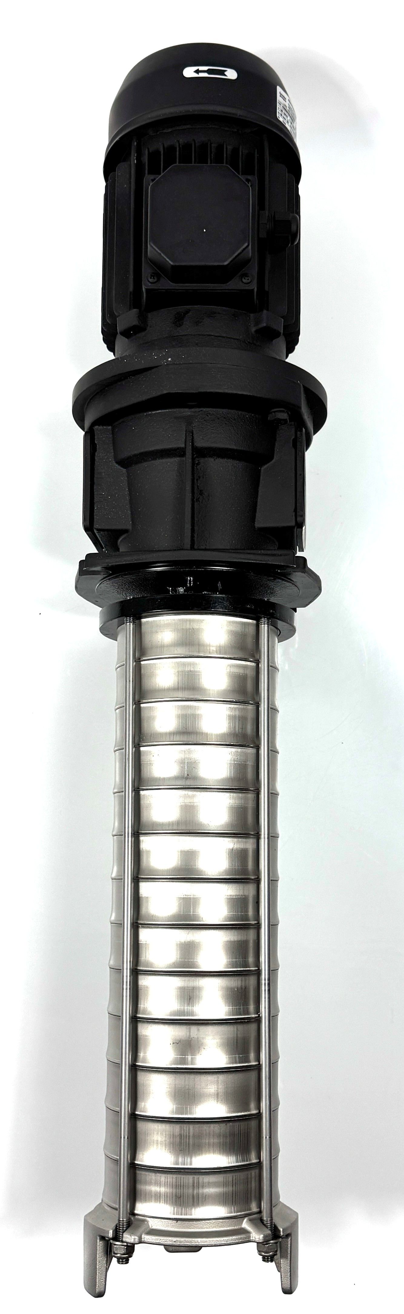 Vertikale Wasserpumpe. Gehäuse aus Edelstahl, schwarzer Motor oben.