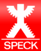 Rotes Quadrat mit weißer stilisierter Figur und dem Schriftzug „SPECK“.