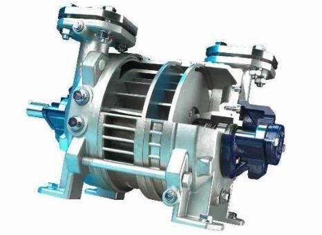 Schnittansicht einer metallischen Industriepumpe mit Innenrotoren und blauen Akzenten.