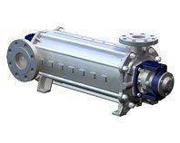 Mehrstufige Kreiselpumpe, silbernes Gehäuse, blaues Motorgehäuse, mit Flanschen.