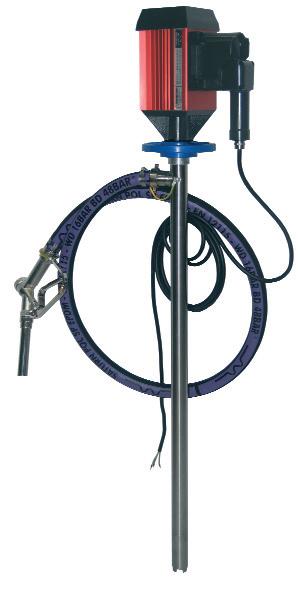 Rote und schwarze elektrische Fasspumpe mit Schlauch und Düse.