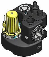 Schwarze und gelbe Tauchpumpe mit mehreren Düsen und Aufsätzen.