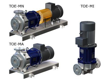 Drei Pumpenmodelle: TOE-MN (orange), TOE-MA und TOE-M1. Allesamt Industriepumpen auf Metallplattformen.