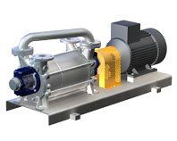 Industriepumpe mit Motor, Stahlkonstruktion und gebogenem Rohr auf einem Metallsockel.