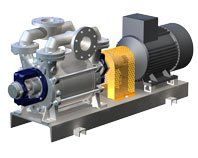 Industriepumpe mit Motor, Rohren und Flanschen, montiert auf einem Stahlsockel.