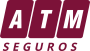 El logotipo de ATM Seguros presenta las letras "ATM" en blanco, cursiva, negrita y con fuente sans-serif, dentro de paralelogramos de color granate.