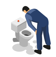 Fontanero con mono azul arrodillado, arreglando las tuberías de un fregadero, con una caja de herramientas y un tapón.