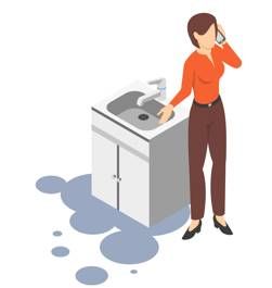 Fontanero con mono azul, un desatascador y una caja de herramientas, hablando con una mujer con un vestido marrón.