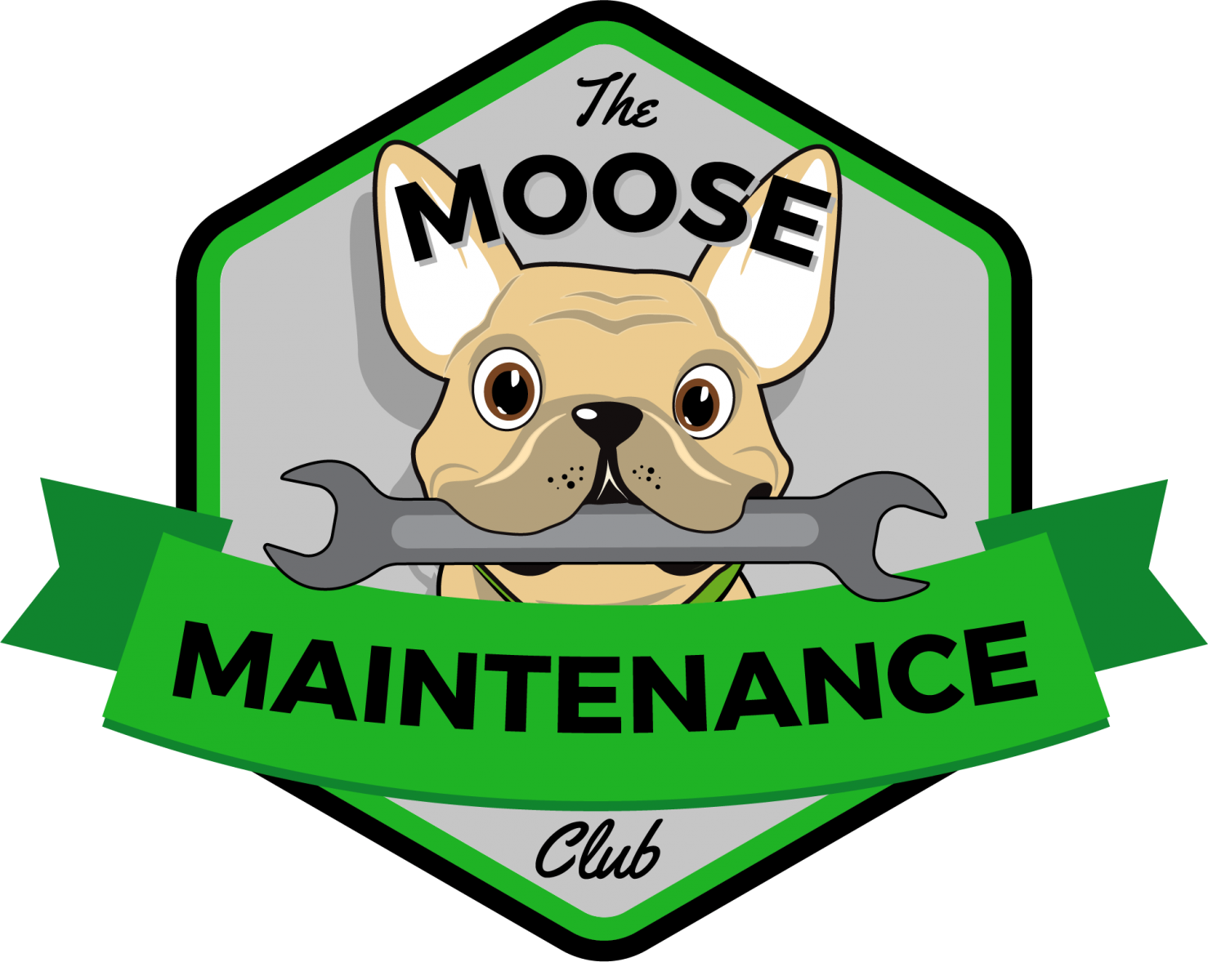 A logo for the moose maintenance club with a dog holding a wrench.