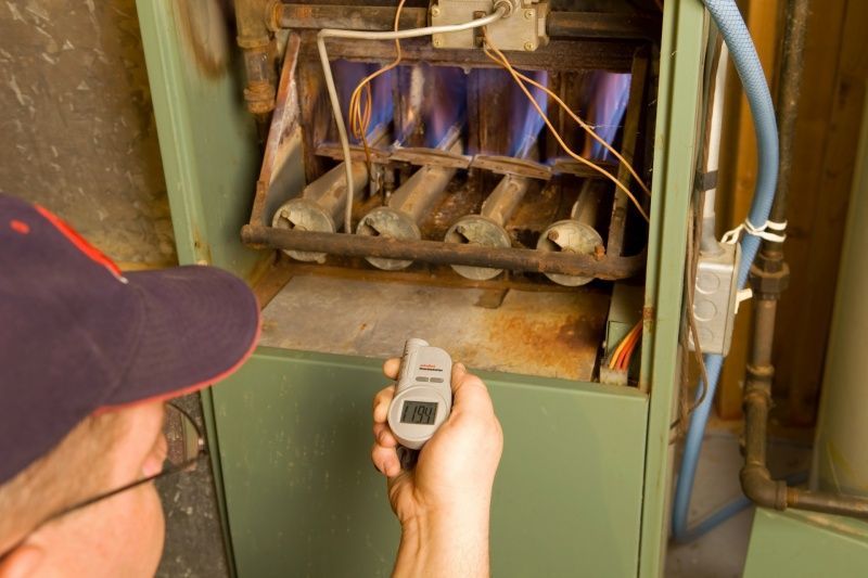 A man is using a thermometer to check the temperature of a stove.