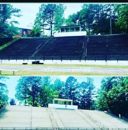 A picture of a stadium before and after pressure washing