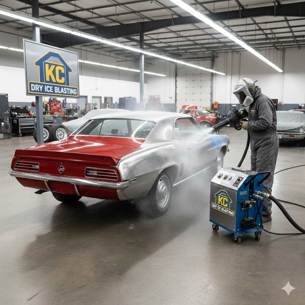 Person using dry ice blaster on a classic car in a workshop. Machine, sign with logo visible.