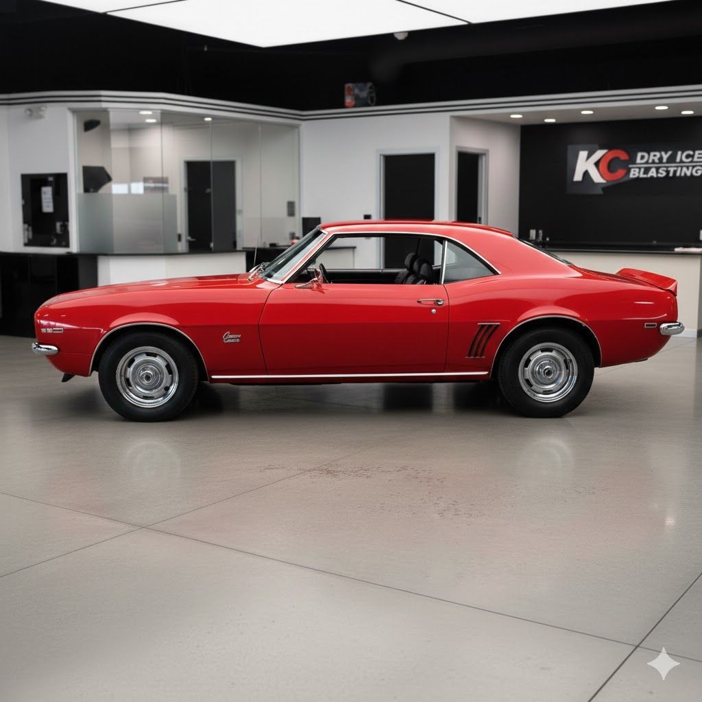 Red classic Chevrolet Camaro in a showroom.
