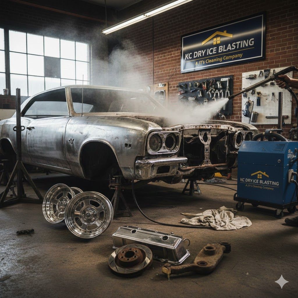 Car being cleaned in a garage with dry ice blasting. Silver car is partially disassembled. Tools, parts, and equipment surround the car.