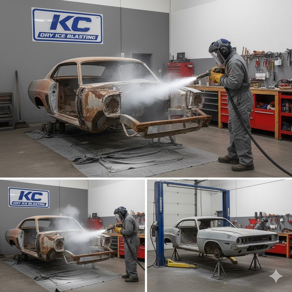 Dry ice blasting of a classic car in a garage. Worker wearing protective gear, removing rust.