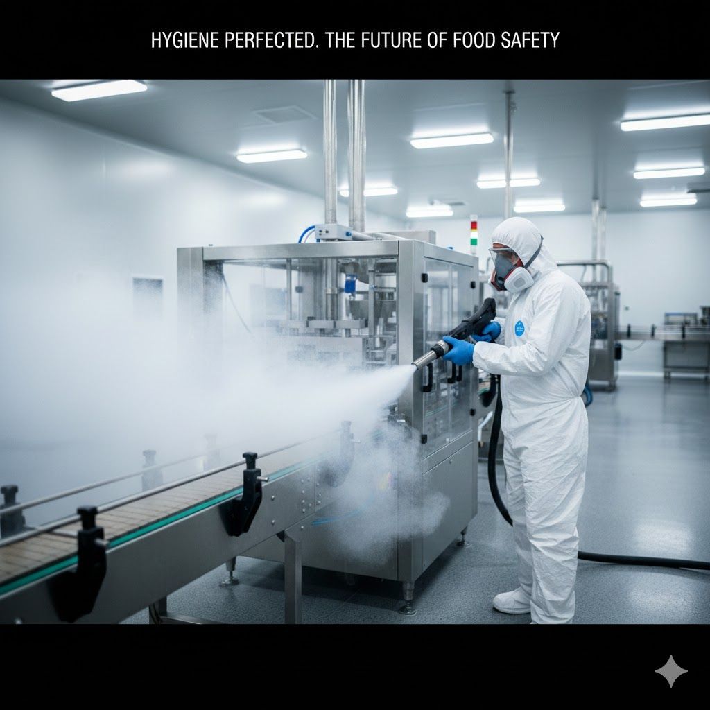 Person in protective suit sanitizes food processing equipment in a sterile facility.