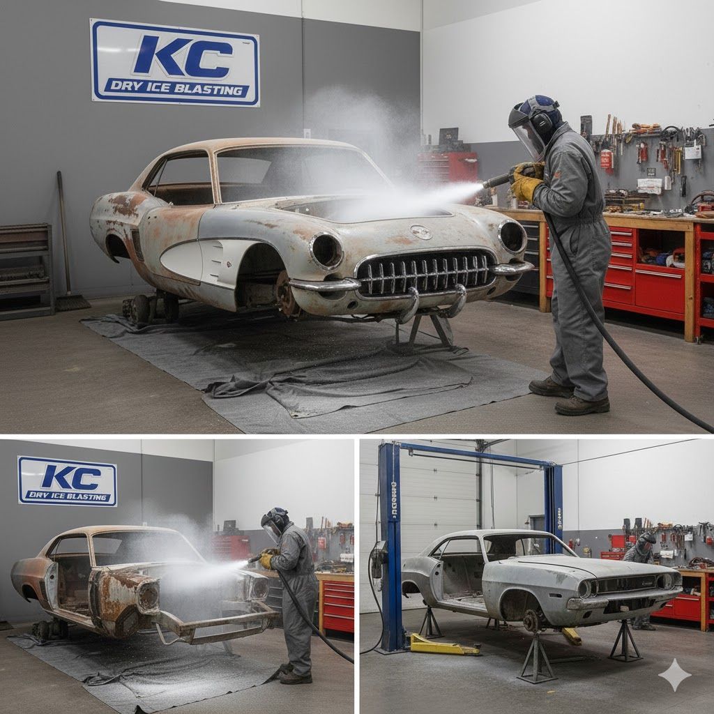 Three images: dry ice blasting cars, shop setting. Person in protective gear cleaning car frame.
