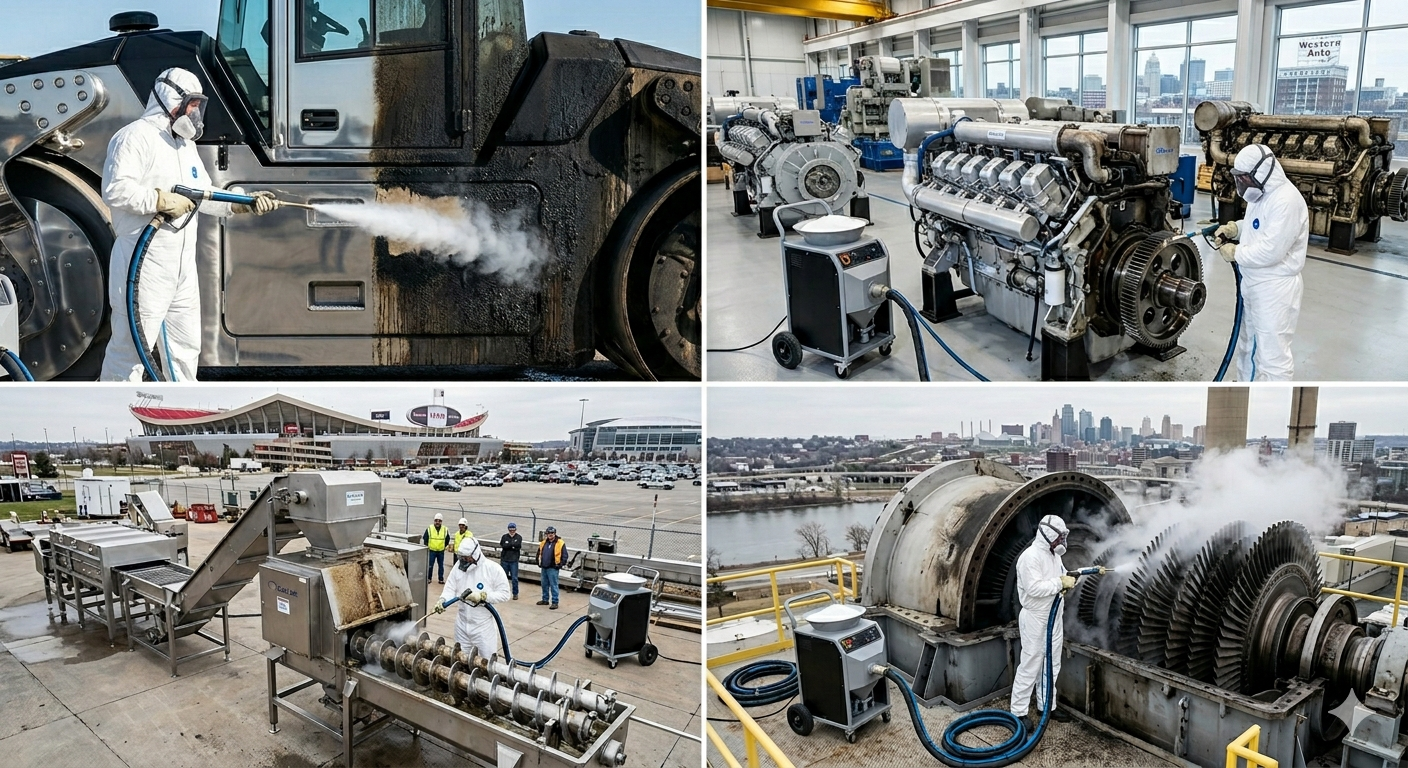 Workers in protective gear perform industrial dry ice blasting to clean machinery, heavy equipment, and engines.