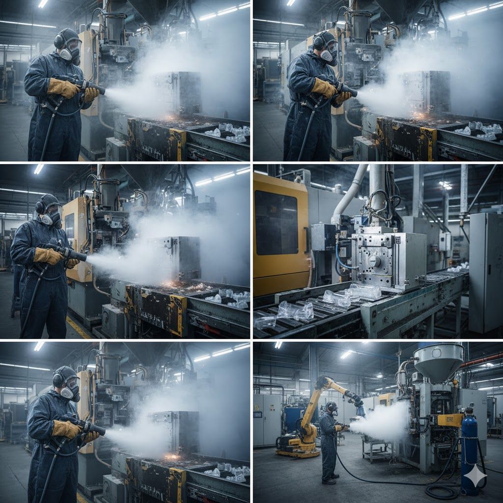 Six images: Factory worker in protective gear using a spray nozzle, creating steam on machinery.