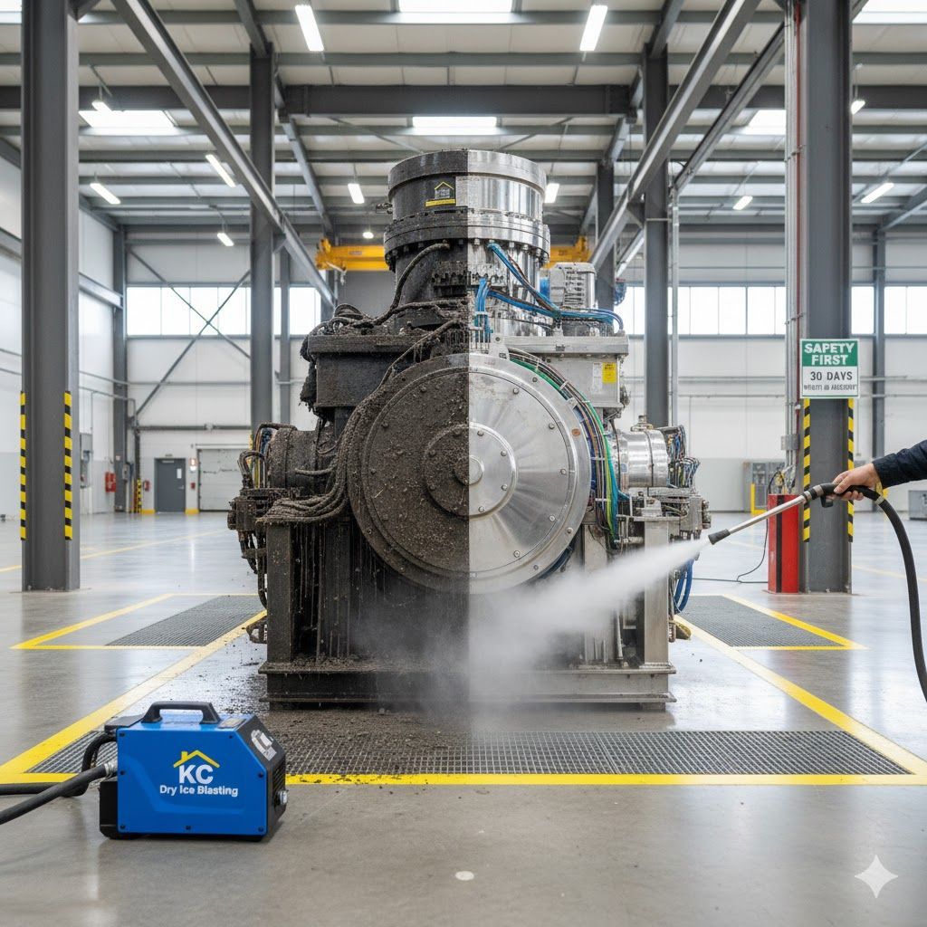 A large engine, half dirty and half cleaned by a pressure washer in a warehouse.