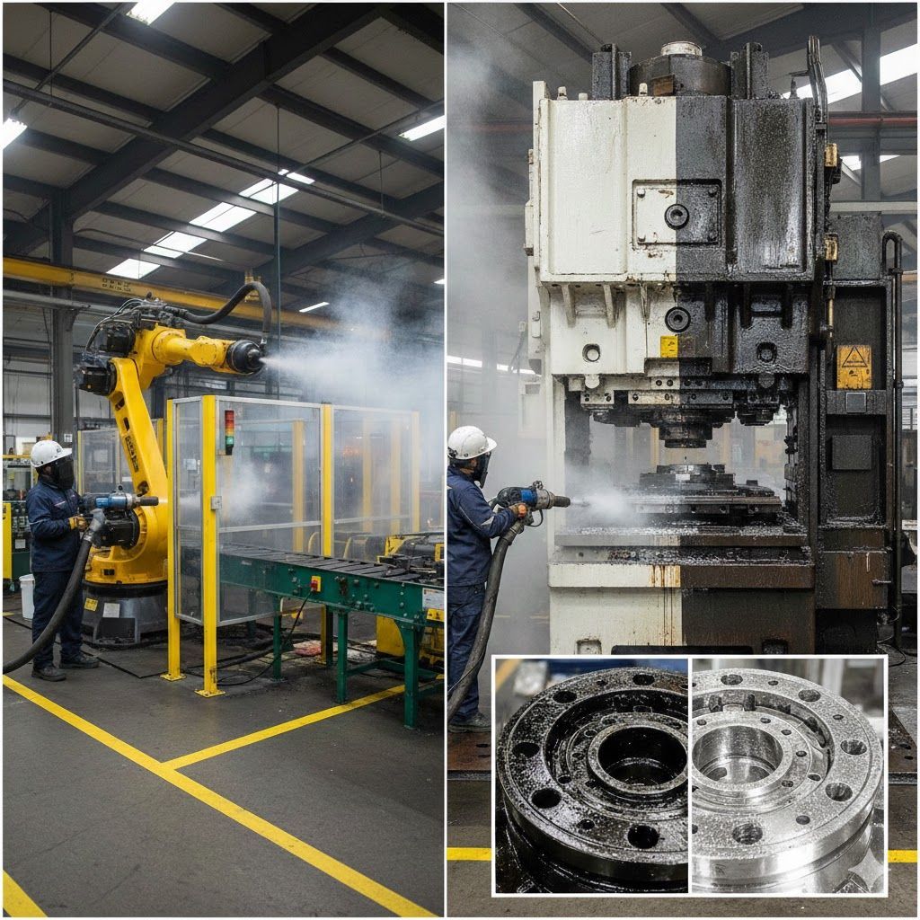 Two industrial scenes: robotic arm spraying, worker cleaning large machinery. Both show cleaning in a factory setting.